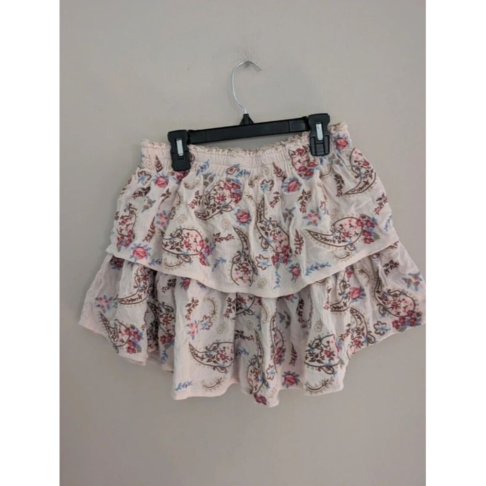 Mi Ami Floral cream pink paisley embroidered tiered mini skirt size S
